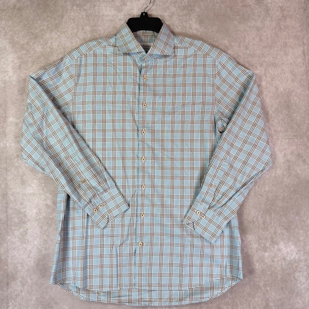 Stenströms Button Down Mens L Blue Brown Plaid Fitted Body Twofold Super Cotton